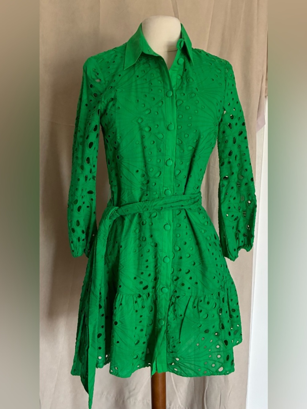 Zara Bright Green Eyelet Long-Sleeve Shirt Dress with Belt
